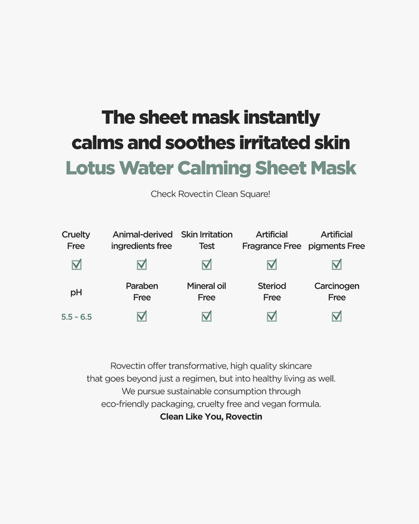 Masque en tissu apaisant à l'eau de lotus pure ROVECTIN