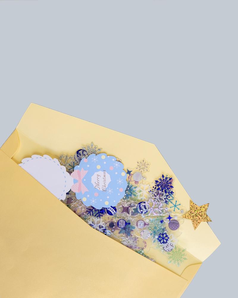 Snowy Christmas 3D Pop-Up Card inside of open envelope